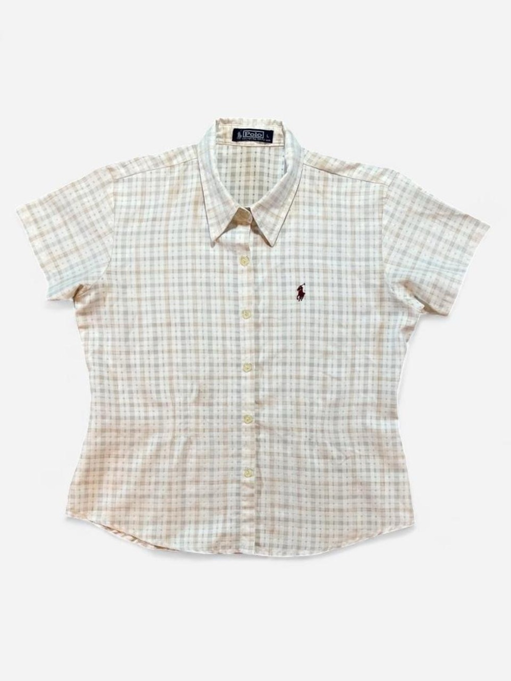Vintage Polo 1980s Plaid Short Sleeve Button Up Shirt Cream & Light Brown Plaid